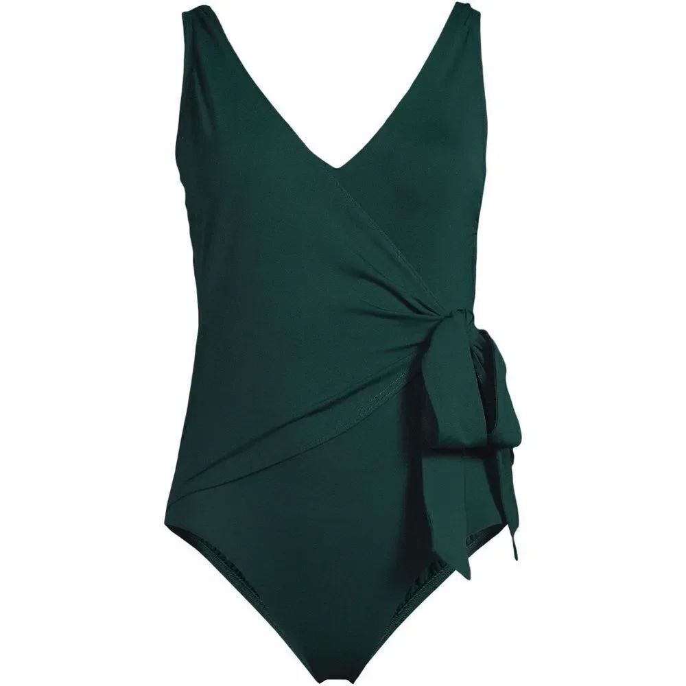 Land's End plus size side tie wrap one piece V-neck swimsuit balsam soft cup 16